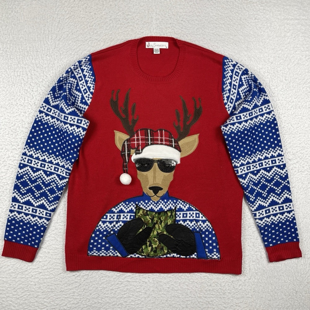 Jolly Sweater Mens XL Red Reindeer‎ Ugly Christmas Camo Drink Holder Pocket Xmas
